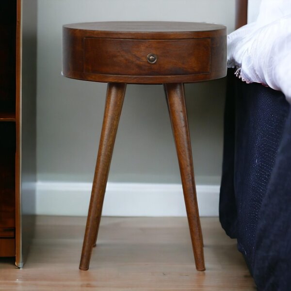Solid Wood Nordic Circular Bedside Table with Natural Grain and Drawer, Handcrafted Desk with Easy Assembly, 40L x 40W x 56H cm, Brown Aosom UK