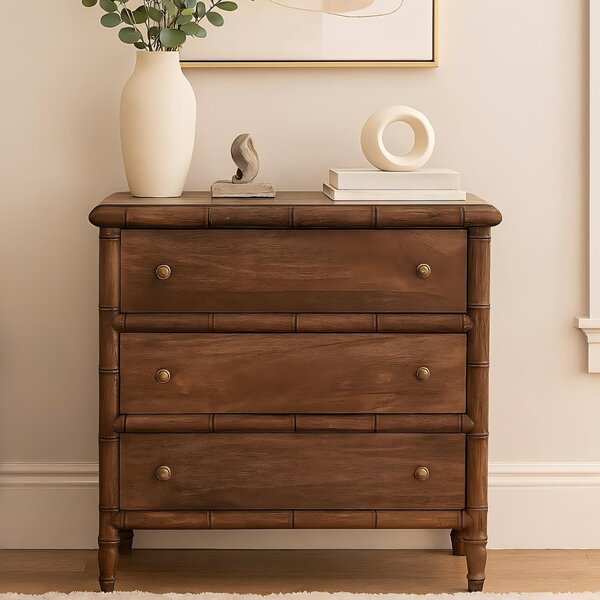 Solid Mango Wood 3-Drawer Chest with Turned Spindle Legs, Bedside Cabinet with Generous Organisation Drawers, 36L x 75W x 80H cm, Brown Aosom UK