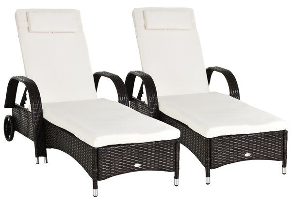 Outsunny 2PC Rattan Sun Lounger Recliner Bed Reclining Chair Patio Garden Outdoor Wicker Weave Adjustable Headrest with Fire Retardant Cushion – Brown