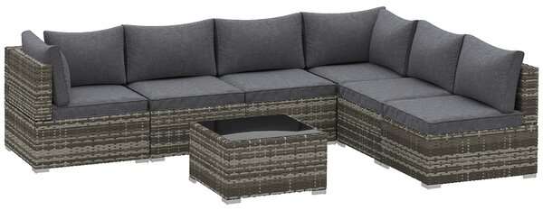 Outsunny 7 Pieces Outdoor PE Rattan Corner Sofa Set, Patio Wicker Conversation Chaise Lounge Furniture w/ Tempered Glass Table-top & Soft Padded Cushion for Garden, Backyard, Lawn, Dark Grey