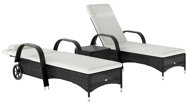 Outsunny 3 Pieces Patio Lounge Chair Set Garden Wicker Wheeling Recliner Outdoor Daybed, PE Rattan Lounge Chairs w/ Cushions & Side Coffee Table Black