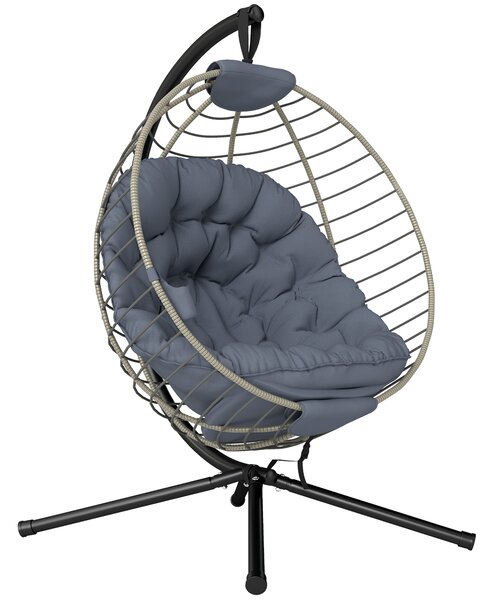 Outsunny Rattan Relaxation: Outdoor Hanging Chair with Stand, Padded Cushion, Foldable, Cup Holder, Greystone