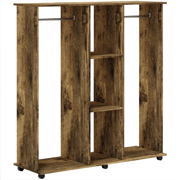 HOMCOM Open Wardrobe Double Mobile Storage Shelves Organizer W/6 Wheels-Rustic Brown