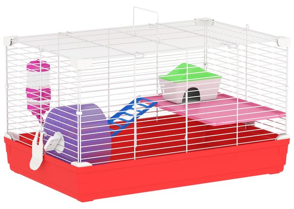 PawHut Dwarf Hamster Metal Cage w/ Tunnels Exercise Wheel Water Bottle Dishes Red and White Aosom UK