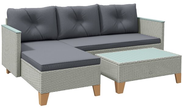 Outsunny 3 Pieces Rattan Garden Furniture Set, L Shaped Garden Conversation Chaise Lounge Furniture with Wood Top Coffee Table and Thick Cushions, Charcoal Grey