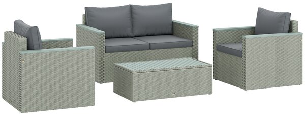 Outsunny 4 Piece Rattan Garden Furniture Set, 4 Seater Wicker Outdoor Sofa Set with 2 Armchairs, Loveseat, Acacia Wood Top Coffee Table, Cushions, Patio Conservatory Set for Balcony, Light Grey