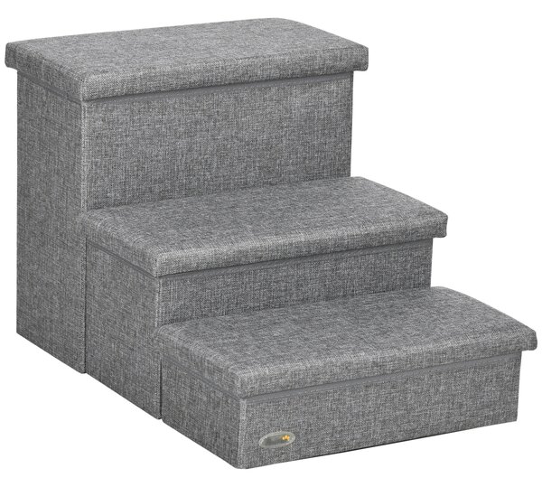 PawHut Cat Stairs with Storage Boxes, 3 Steps Dog Stairs for Bed, Pet Ladder for Couch Sofa, Easy Installation, 63.5x42.5x40.5 cm, Grey Aosom UK