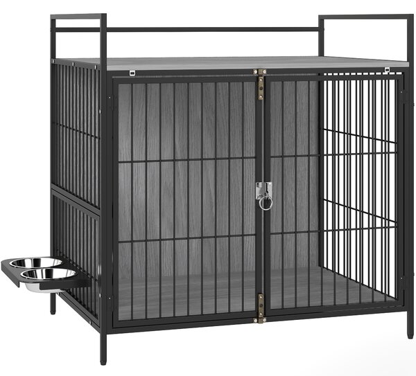 PawHut Dog Crate Furniture, Indoor Dog Kennel with Rotating Bowl Holder & 2 Doors, for Medium Dogs, 80 x 56 x 76.5 cm, Grey Aosom UK