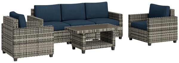 Outsunny 6 Pieces Rattan Garden Furniture Set, 5 Seater Wicker Outdoor Furniture Set with 2 Armchairs, Steel Frame Coffee Table and Cushions for Balcony, Porch, Navy Blue