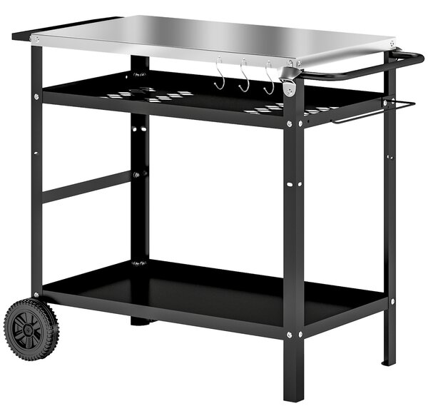 Outsunny BBQ Trolley with Stainless Steel Top Adjustable Shelf, Outdoor Kitchen BBQ Station with Hooks Seasoning Tray Towel Rack, Pizza Oven Table Movable Outdoor Grill Dining Cart with Cover, Black