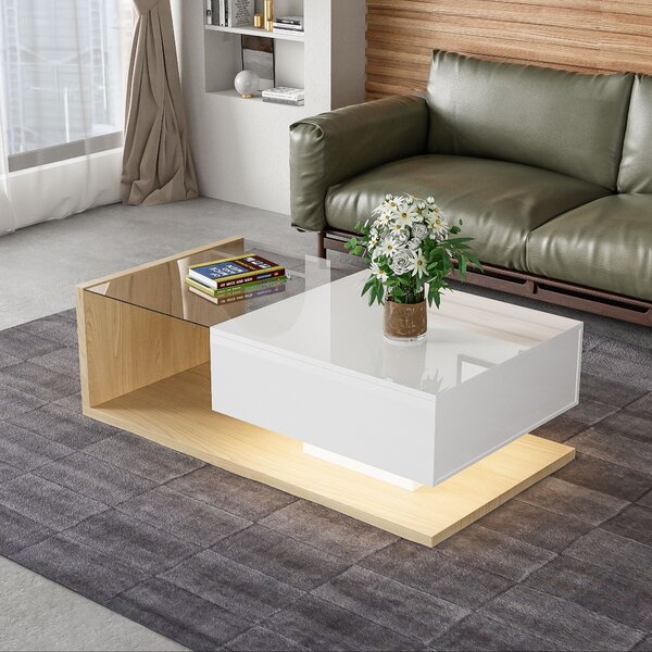 High Gloss Coffee Table with Glass Top and LED Lights, Sofa Table with Storage for Living Room, 105L x 55W x 32.5H cm, White+Natural Aosom.UK