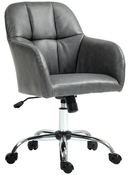 HOMCOM Leather Swivel Chair with Thick Padded Seat, PU Leather Office Chair, Makeup Vanity Chair with Height Adjustable, Wheels, Grey Aosom UK