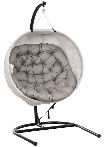 Outsunny Hanging Egg Chair with Folding Basket, Garden Hanging Chair with Stand, Thickened Cushion, Cup Holder for Patio, Balcony, Sand Brown
