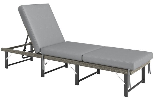 Outsunny Single Folding Rattan Sun Lounger, with Cushion - Grey