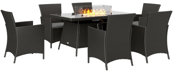Outsunny 7 Pieces Outdoor Rattan Garden Furniture with Fire Pit Table, 6 Seater Garden Table and Chairs with Heater Table, Windscreen, Black