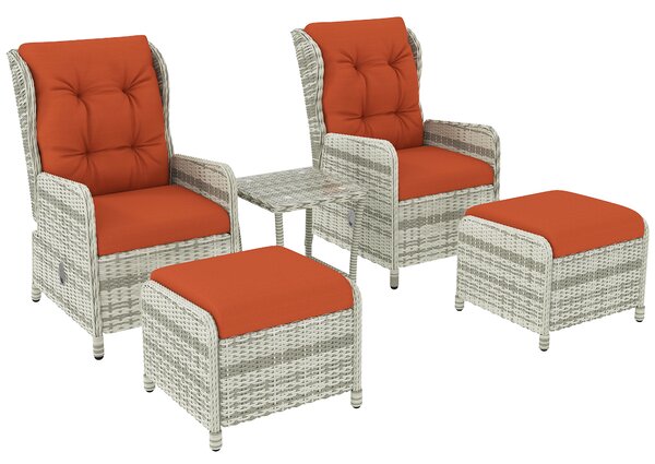 Outsunny 5 Pieces Rattan Bistro Set with Adjustable Back, Reclining Wicker Balcony Furniture with Cushions, Glass Top, Footstools, Orange