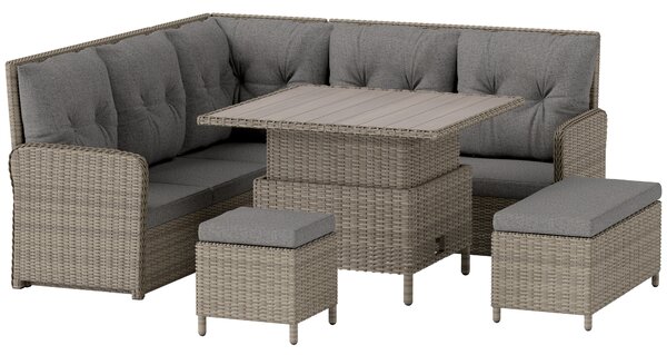 Outsunny 6 Pieces Outdoor PE Rattan Garden Furniture, Patio Wicker Sectional Conversation Corner Sofa w/ Liftable Coffee Table, Light Grey