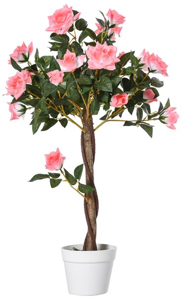 Outsunny Artificial Rose Tree: 90cm Fake Plant with 21 Flowers, Pink & Green Indoor/Outdoor Home Office Decor Aosom UK