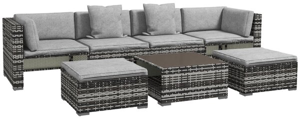 Outsunny 7-Piece Rattan Patio Furniture Set with Sofa, Footstools, Coffee Table, Side Shelves, Cushions, Pillows, Mixed Grey