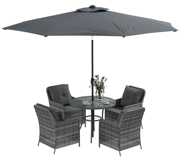 Outsunny 6 Pieces Garden Dining Set, 4 Seater Rattan Dining Set Outdoor with Umbrella, Cushions, Tempered Glass Top Table Aosom UK