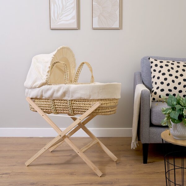 Clair de Lune Waffle Palm Moses Basket with Natural Folding Stand