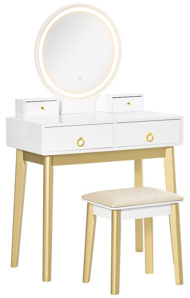 HOMCOM Dressing Table Set with Mirror, Built-in 3 Color LED Light, Vanity Makeup Table with 4 Drawers and Cushioned Stool for Bedroom, White