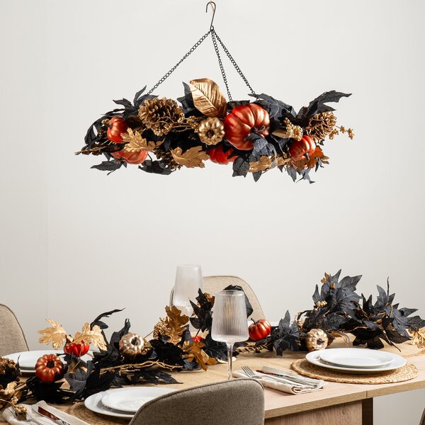 Artificial Black & Gold Pumpkin Hanging Wreath