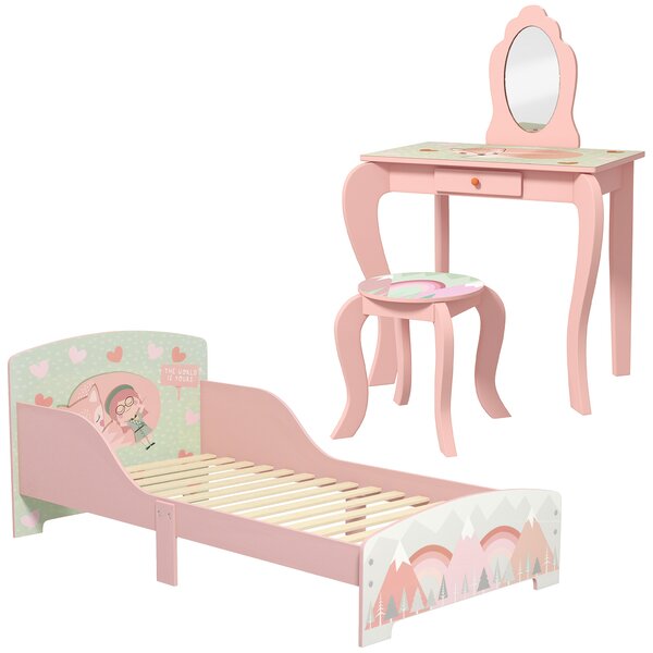 ZONEKIZ Toddler Bed Frame, Kids Dressing Table with Mirror and Stool, Cute Animal Design Kids Bedroom Furniture Set for Ages 3-6 Years, Pink