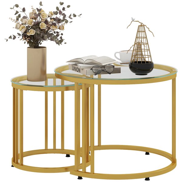 HOMCOM Round Coffee Tables Set of 2, Nesting Tables with Tempered Glass Top and Steel Frame, 60cmx60cmx47cm, Gold Tone