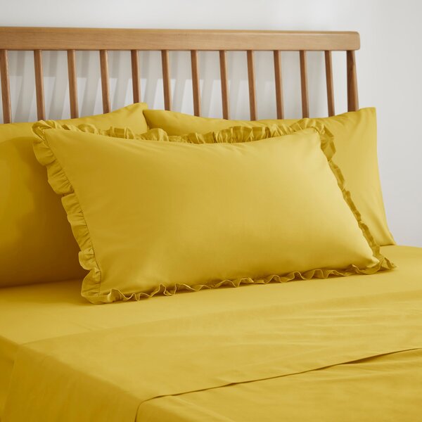 Pure Cotton Plain Dye Frilled Pillowcase Yellow-Ochre