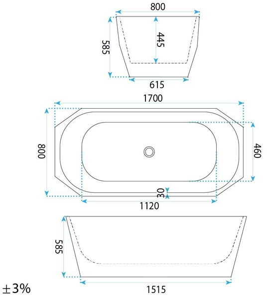 Freestanding bathtub Rea Diamanti 170