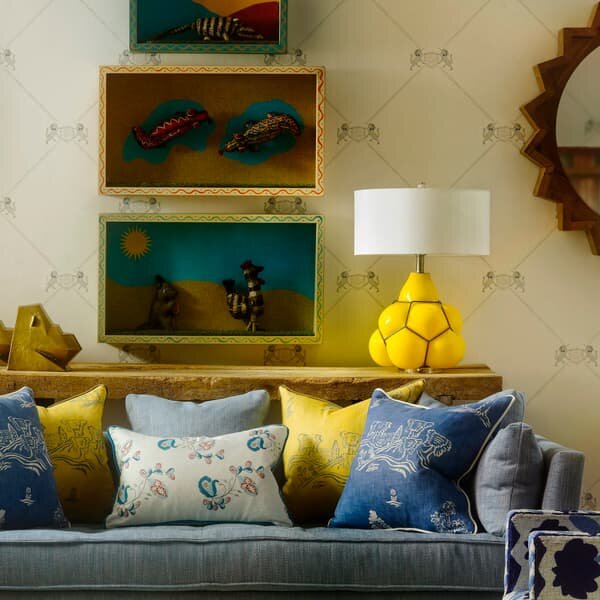 Friendly Folk Happy Blue, Sustainable Feather, Cushion, 55cm x 55cm - Andrew Martin Kit Kemp Eco-conscious & Linen Blend & Viscose Blend Animal & Flor