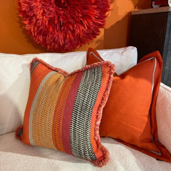 Llama Orange, Sustainable Feather, Cushion, 55cm x 55cm - Andrew Martin Cotton Blend & Linen Blend Stripe