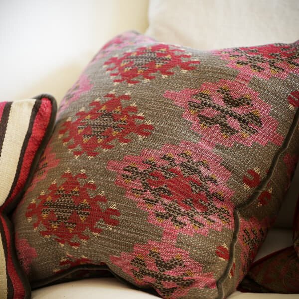 Orillo Pink, Sustainable Feather, Cushion, 55cm x 55cm - Andrew Martin Cotton Blend Kilim & Weave