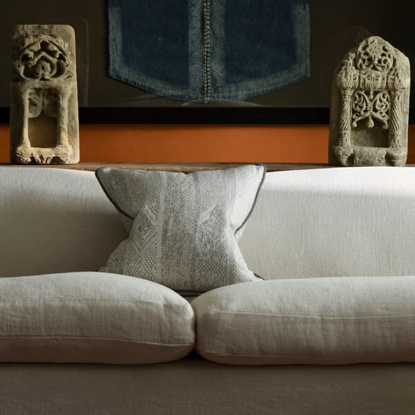 Isthmus Smoke, Sustainable Feather, Cushion, 55cm x 55cm - Andrew Martin Linen & Linen Blend & Viscose Blend Herringbone & Stripe