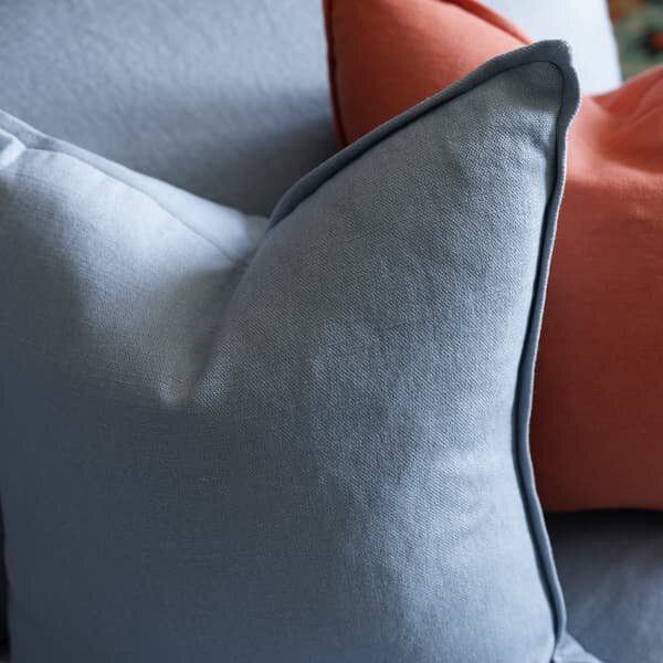 Rocco Hazy Sky, Sustainable Feather, Cushion, 55cm x 55cm, Blue - Andrew Martin With Trim/Fringe & Linen & Linen Blend Plain
