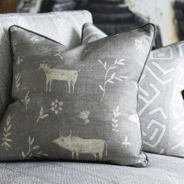 Avebury Smoke, Sustainable Feather, Cushion, 55cm x 55cm - Andrew Martin Linen & Linen Blend & Viscose Blend Animal & Floral