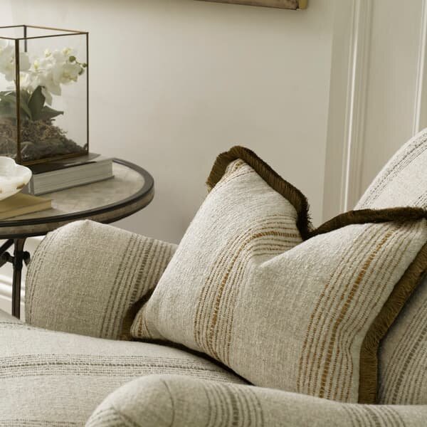 Atrani Stripe Ochre, Sustainable Feather, Cushion - Andrew Martin Sophie Paterson With Trim/Fringe & Linen & Linen Blend & Viscose Blend