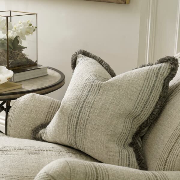 Atrani Stripe Silver, Sustainable Feather, Cushion - Andrew Martin Sophie Paterson With Trim/Fringe & Cotton Blend & Linen Blend & Viscose Blend