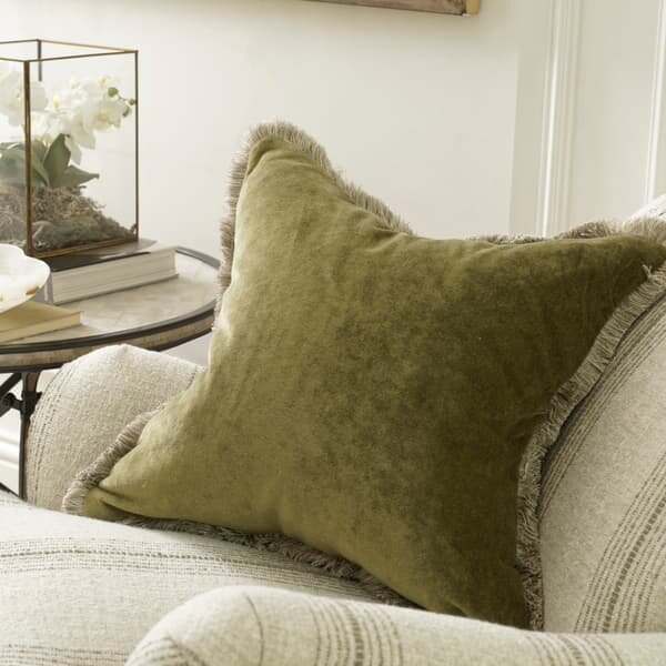 Venetia Olive, Sustainable Feather, Cushion - Andrew Martin Sophie Paterson With Trim/Fringe & Velvet Plain
