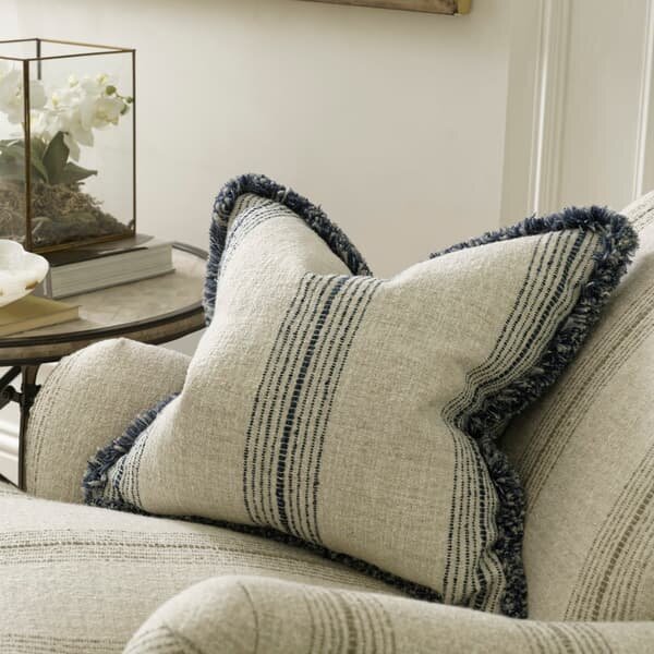 Atrani Stripe Navy, Sustainable Feather, Cushion, Denim - Andrew Martin Sophie Paterson Linen & Linen Blend & Viscose Blend