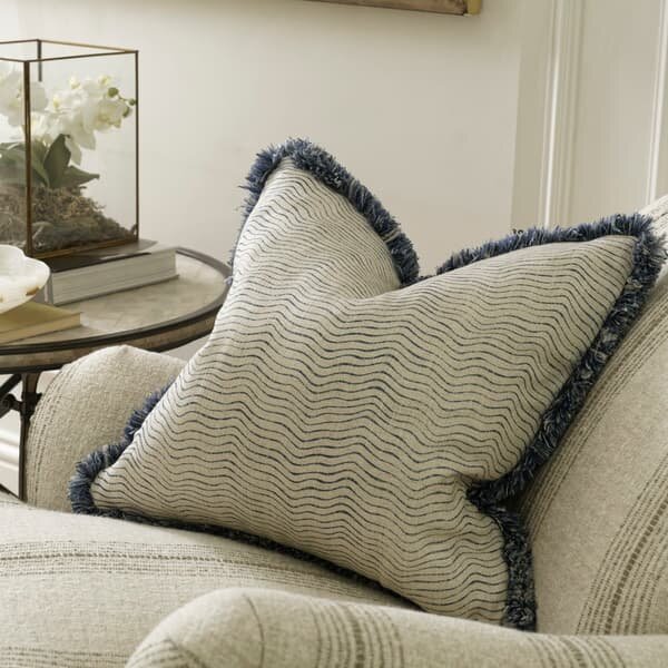 Canalasso Denim, Sustainable Feather, Cushion - Andrew Martin Sophie Paterson With Trim/Fringe & Cotton Blend & Linen Blend Stripe