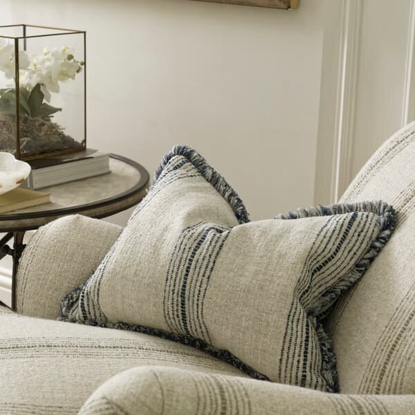 Atrani Stripe Navy, Sustainable Feather, Cushion, Denim - Andrew Martin Sophie Paterson Linen & Linen Blend & Viscose Blend