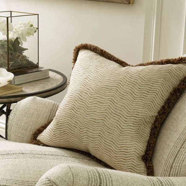 Canalasso Almond, Sustainable Feather, Cushion - Andrew Martin Sophie Paterson With Trim/Fringe & Cotton Blend & Linen Blend Stripe