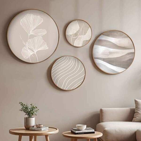 Stillform Wooden Rounds Serene Ginkgo Art of Frame Set of 4 in Multicolour
