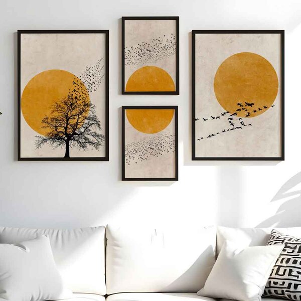 Stillform Wooden Sun and Bird Art of Frame Set of 4 in Multicolour