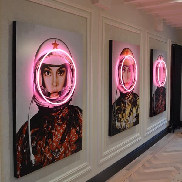 Neon - Space Girl in Red With Logos, 100cm x 150cm - Andrew Martin