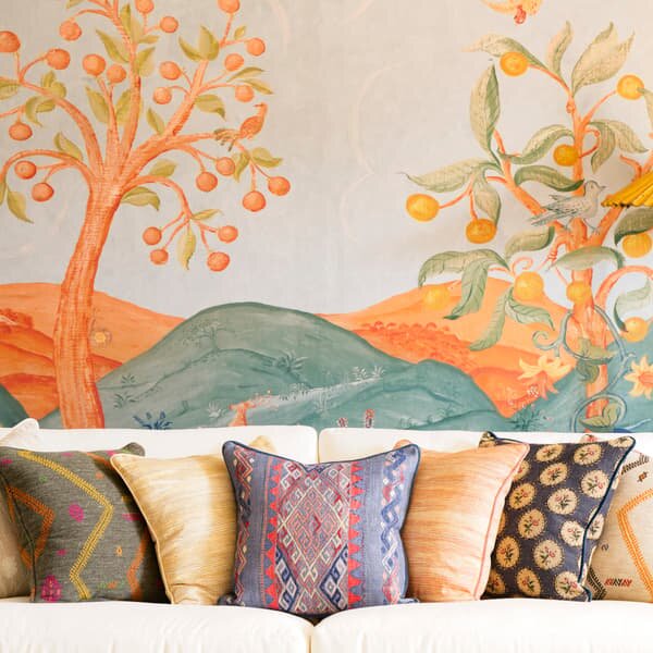 Frida Denim, Sustainable Feather, Cushion - Andrew Martin Kit Kemp Cotton Blend & Linen Blend & Viscose Blend Geometric