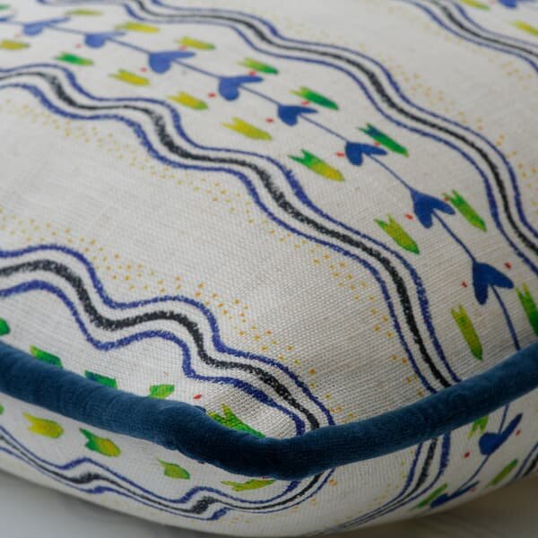 Hearty Indigo, Sustainable Feather, Cushion - Andrew Martin Kit Kemp Linen & Linen Blend Floral & Stripe