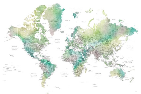 Map Watercolor world map with cities in muted green, Oriole, Blursbyai, (40 x 26.7 cm)